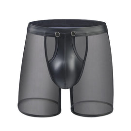 Fitness Men's Long Boxer Underwear - Breathable Mesh & Faux Leather with Opened Button