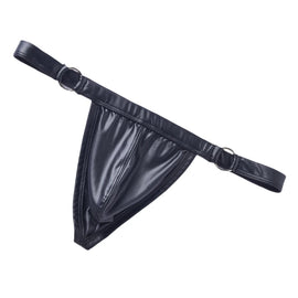 Men's Sexy Faux Leather Thong Underwear with Iron Ring U Pouch G-String Lingerie
