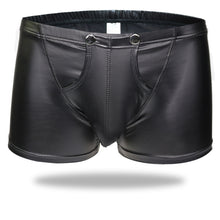 Load image into Gallery viewer, Sexy Men Boxers Underwear Open Crotch Faux Leather U Convex Pouch Black Boxers Shorts