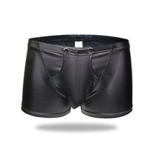 Load image into Gallery viewer, Sexy Men Boxers Underwear Open Crotch Faux Leather U Convex Pouch Black Boxers Shorts