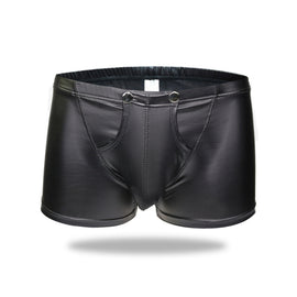 Sexy Men Boxers Underwear Open Crotch Faux Leather U Convex Pouch Black Boxers Shorts