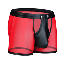 Mens Boxers Panties Man Mesh Imitation Leather Boxershorts Men Button U Pouch Panties Sexy Gay Underwear Men Hombre Shorts