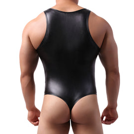 KUYDZON Black Men's Faux Leather Bodysuit Underwear U Pouch Sexy Elastic Jumpsuit Singlet Wrestling Suits