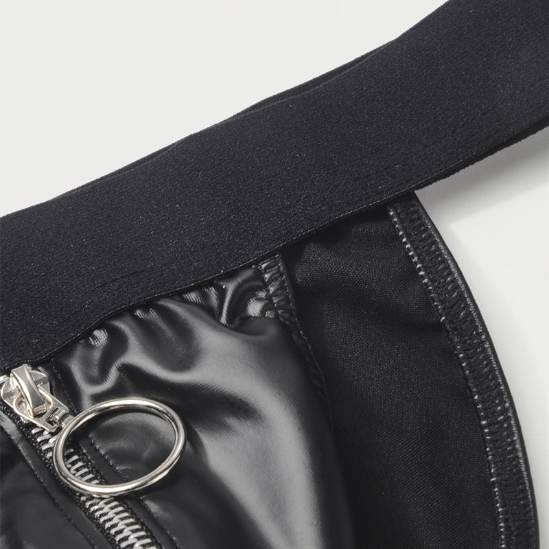 Faux Leather Zipper Briefs Men Underwear Male Wide Belt Panties Sexy U Pouch Bikini Slips Men's Exotic Lingerie