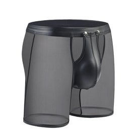 Fitness Men's Long Boxer Underwear - Breathable Mesh & Faux Leather with Opened Button