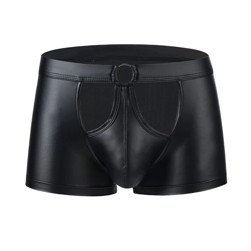 Sexy Men's Panties Faux Leather Men Boxer Shorts Underpants Iron Ring Underwear U Pouch Mens Boxers Lingerie