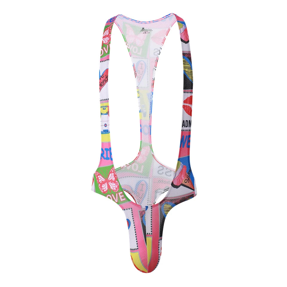 Mens Sexy Bodysuit Man Mesh Print Bodywear Wrestling Singlet Leotard Jumpsuits Suspender Man Thongs