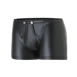 Sexy Men Boxers Underwear Open Crotch Faux Leather U Convex Pouch Black Boxers Shorts