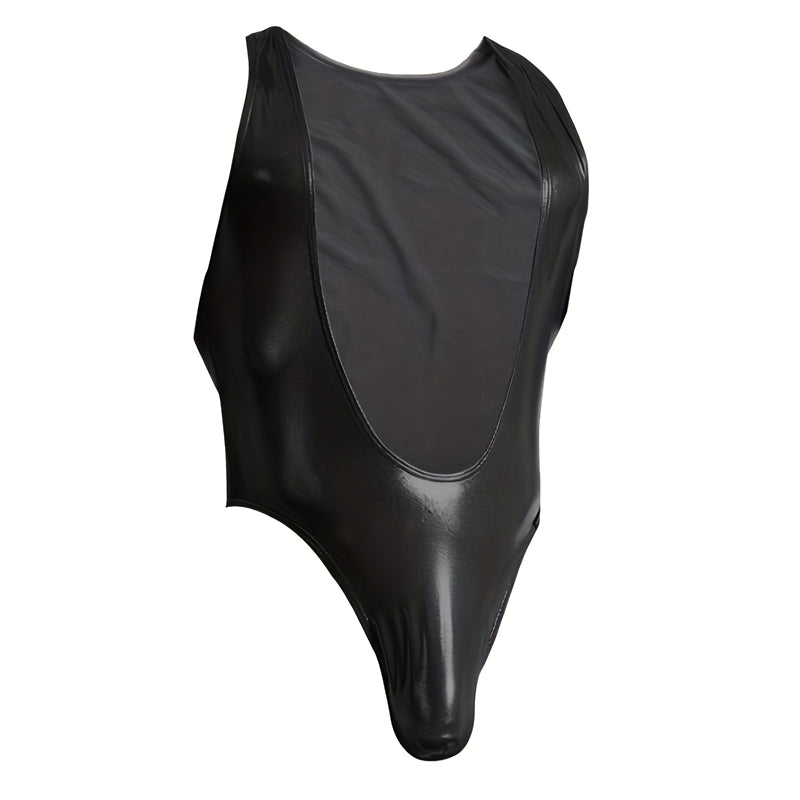 KUYDZON Black Men's Faux Leather Bodysuit Underwear U Pouch Sexy Elastic Jumpsuit Singlet Wrestling Suits