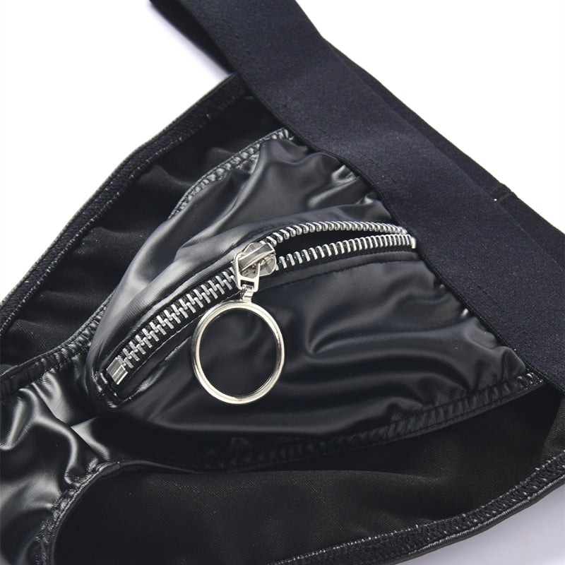 Faux Leather Zipper Briefs Men Underwear Male Wide Belt Panties Sexy U Pouch Bikini Slips Men's Exotic Lingerie