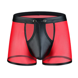 Mens Boxers Panties Man Mesh Imitation Leather Boxershorts Men Button U Pouch Panties Sexy Gay Underwear Men Hombre Shorts