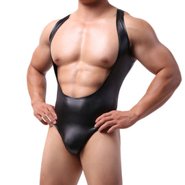 KUYDZON Black Men's Faux Leather Bodysuit Underwear U Pouch Sexy Elastic Jumpsuit Singlet Wrestling Suits